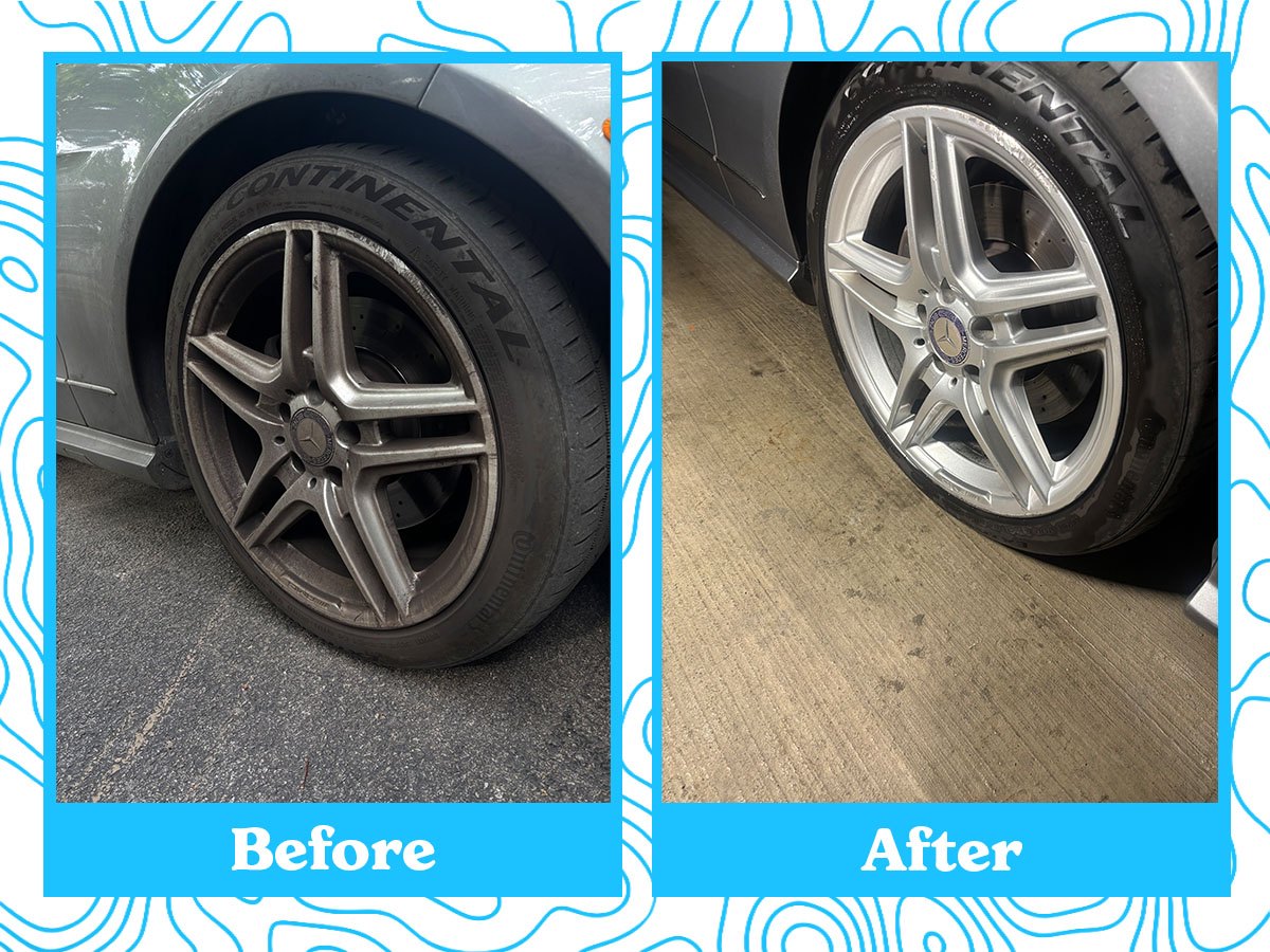 Car wheel and tire before and after cleaning — before shows brake dust buildup, after shows a bright, polished wheel
