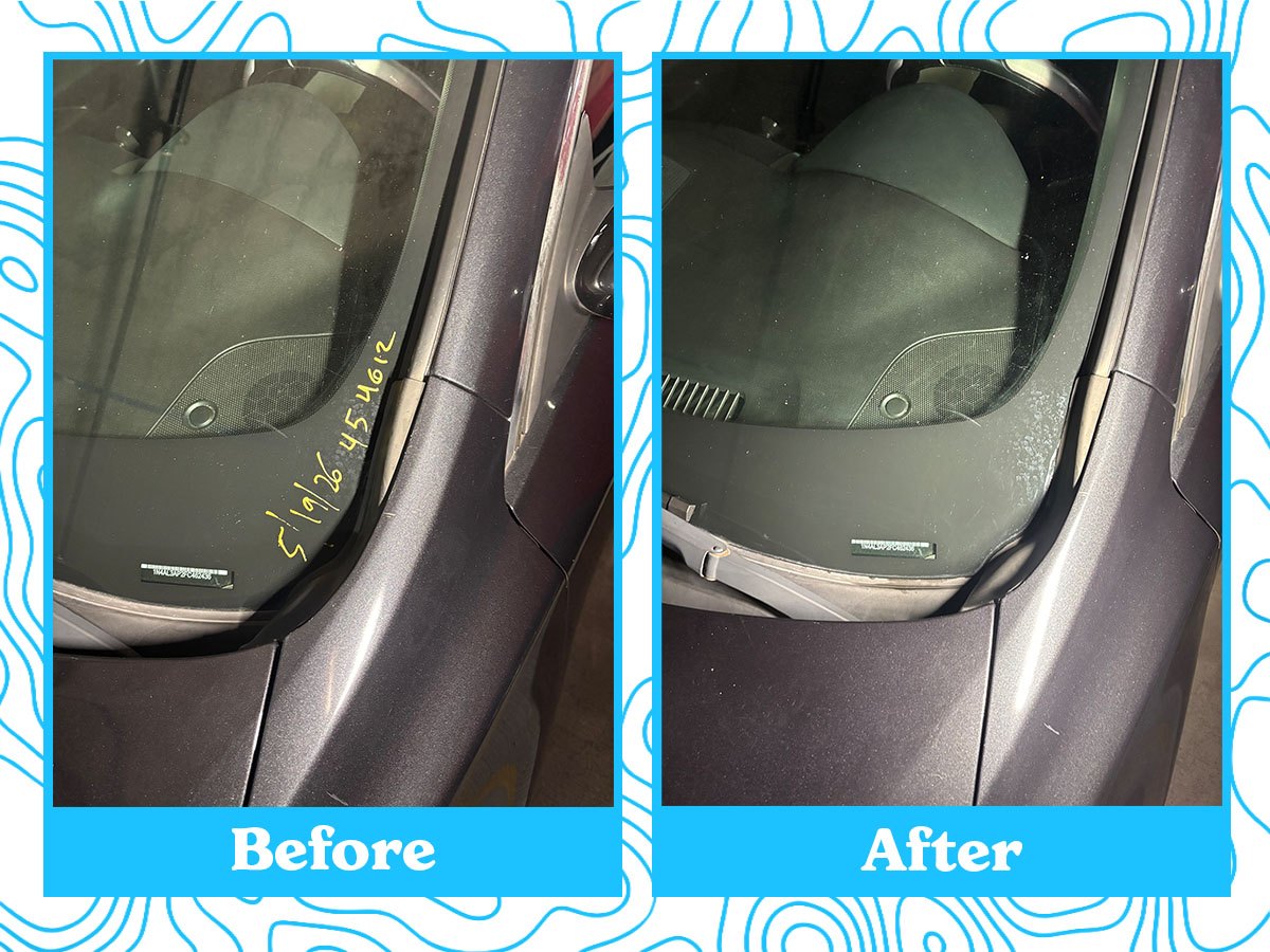 Car door window and trim before and after detailing — before shows dust and grime, after shows streak-free glass and clean trim