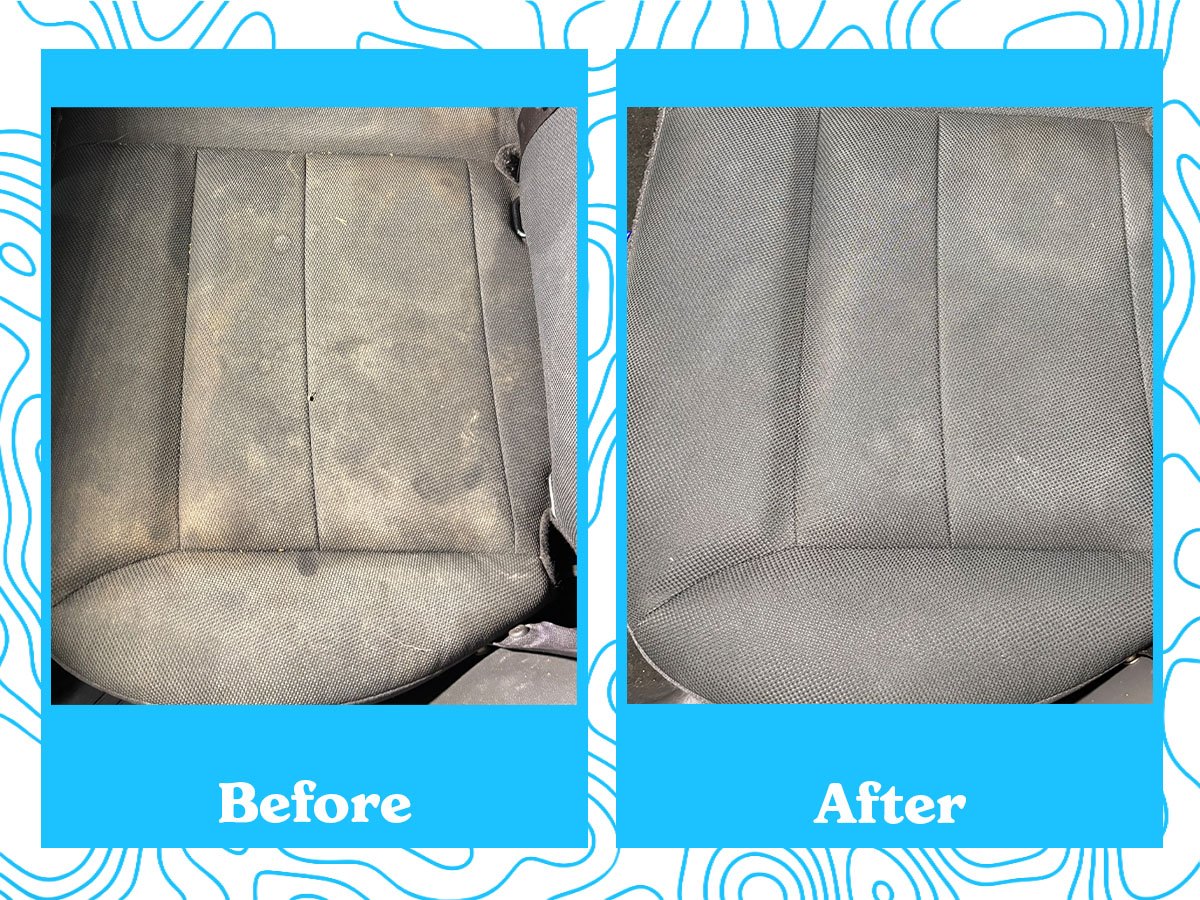 Fabric car seat before and after cleaning — before shows visible dirt and staining, after shows clean, stain-free fabric